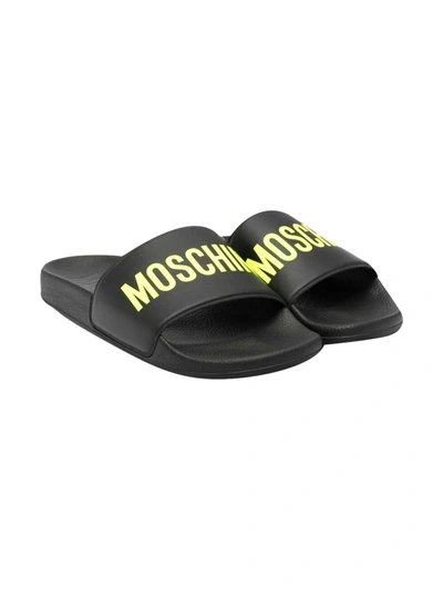 Shop Moschino Black Slippers With Yellow Logo In Unica