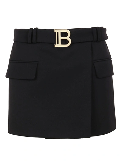 Shop Balmain Short Belted Grain De Poudre Skirt In Pa Noir