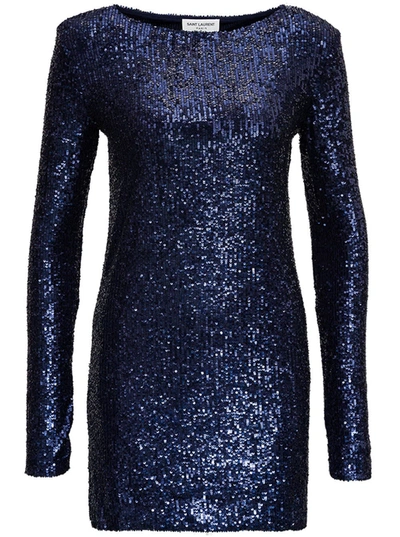 Shop Saint Laurent Blue Sequin Dress