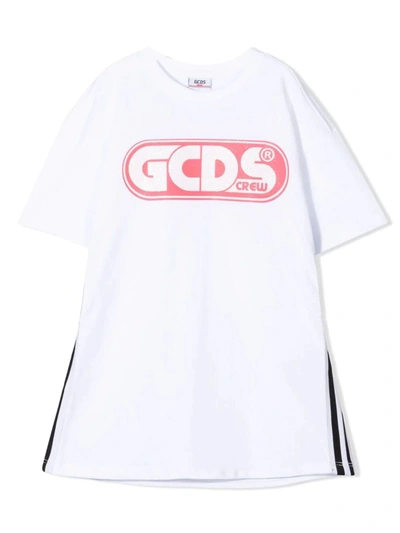 Shop Gcds White Cotton T-shirt Dress In Bianco