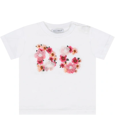 Shop Dolce & Gabbana White T-shirt For Baby Girl With Flowers In Naturale