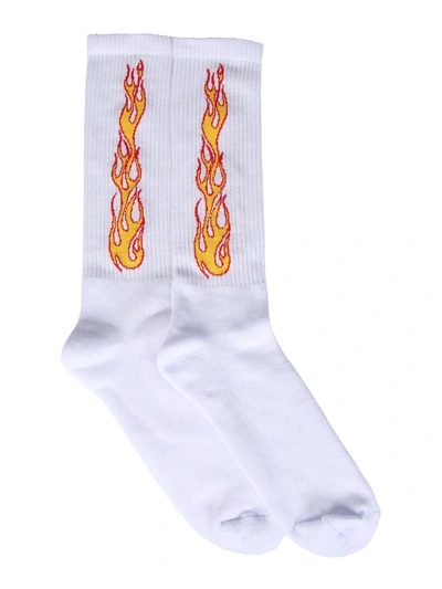 Shop Palm Angels Socks With Flames Logo In Bianco