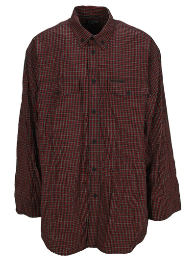 Shop Balenciaga Micro Tartan Oversize Shirt In Red/khaki