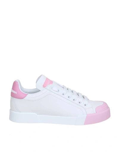 Shop Dolce & Gabbana Portofino Sneakers In White And Pink Leather In White/pink
