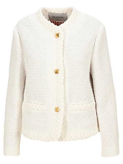 Shop Valentino Cotton Tweed Jacket In Optic White
