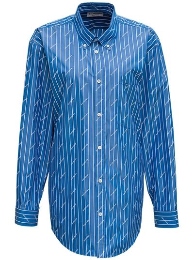 Shop Balenciaga Stripe Logo Cotton Shirt In Blu/bianco