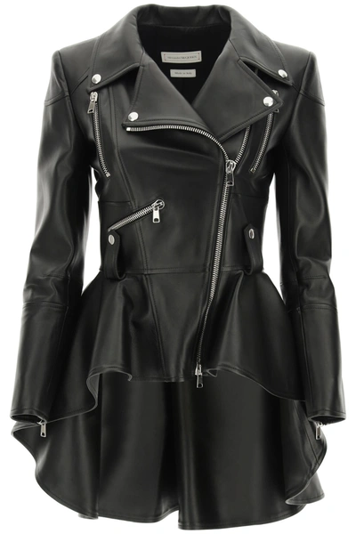 Shop Alexander Mcqueen Leather Peplum Jacket In Black