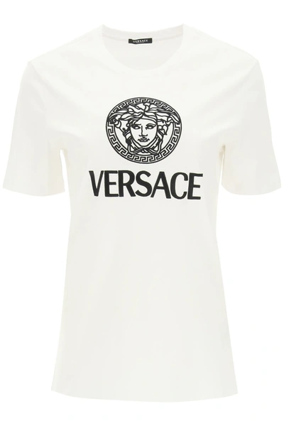 Shop Versace T-shirt With Logo And Medusa Embroidery In Bianco