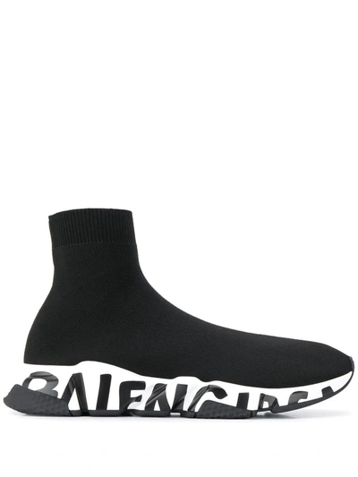 Shop Balenciaga Woman Black And White Speed Graffiti Sneakers In Black/white/black