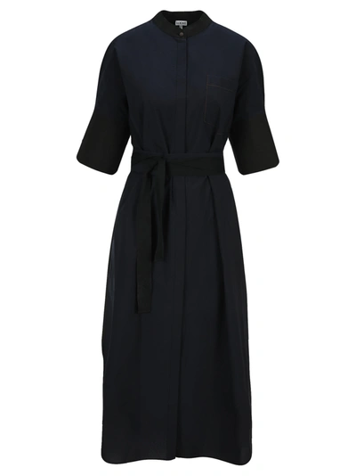Shop Loewe Belted Midi Shirt Dress In Cotton In Black Blue