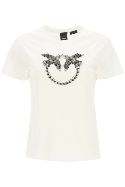 Shop Pinko Quentin T-shirt Love Birds Embroidery In Bianco/nero