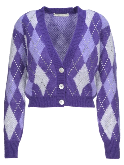 Shop Alessandra Rich Argyle Wool Cropped Cardigan With Hotfix Crystals In Purple