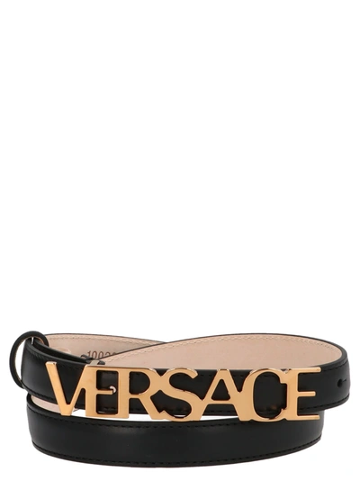 Shop Versace Typography Buckle Belt In Nera