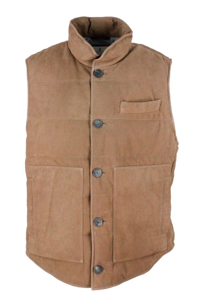 Shop Brunello Cucinelli Nubuck Leather Vest Padded With Real Goose Down In Brown