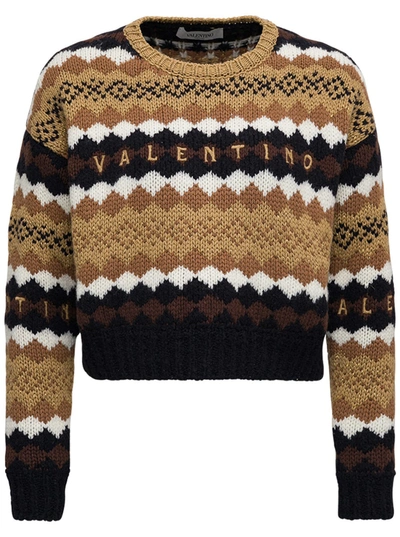 Shop Valentino Cropped Wool Jacquard Sweater With Logo In Cammello/nero