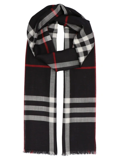 Shop Burberry Giant Check Gauze Scarf In Navy