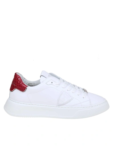 Shop Philippe Model Temple Sneakers In White Leather In Bianco/rosso