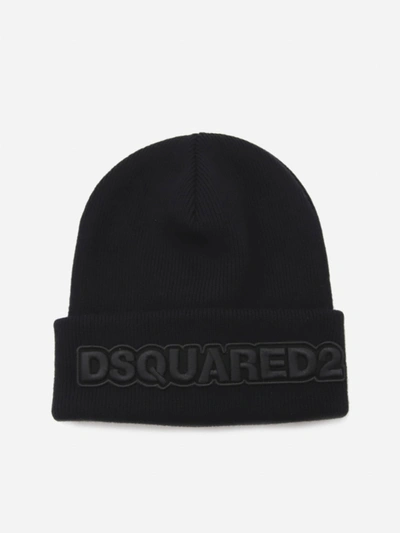Shop Dsquared2 Wool Hat With Embroidered Logo Patch In Black