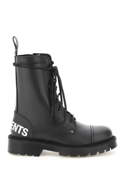 Shop Vetements Logo Military Boots In Black White (black)