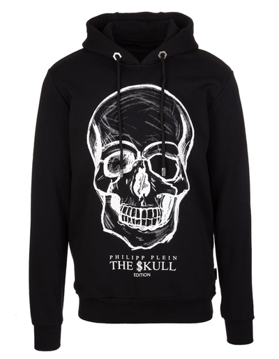 Shop Philipp Plein Man Black Hoodie With Printed Skull