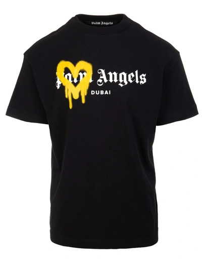 Shop Palm Angels Man Black And Yellow Spray Logo Dubai T-shirt In Black Yellow
