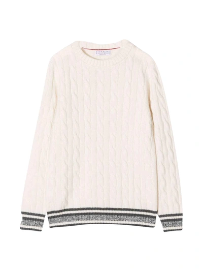 Shop Brunello Cucinelli White Sweater Teen With Black And Silver Details In Avorio