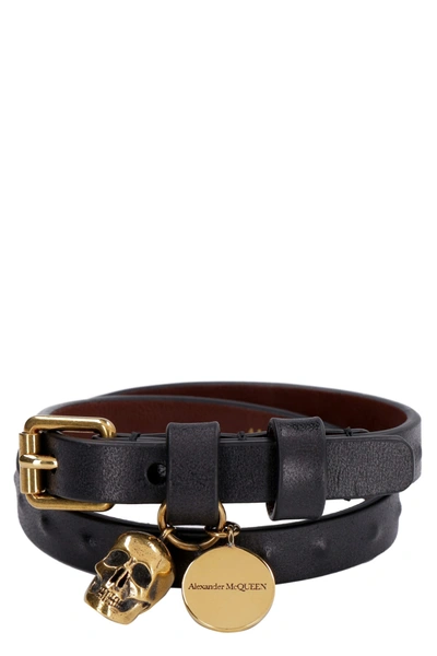 Shop Alexander Mcqueen Leather Bracelet With Medallion And Skull In Black