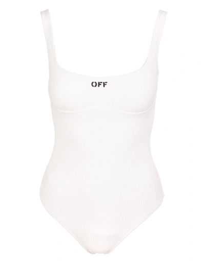 Shop Off-white White Ribbed One-piece Swimsuit With Off Logo In Bianco