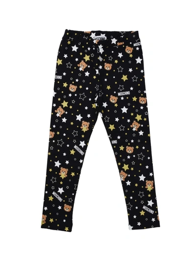 Shop Moschino Black Leggings With Bears And Stars Print