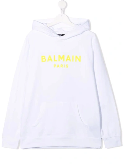Shop Balmain Kids White Hoodie With Yellow Velvet Logo In Bianco/giallo