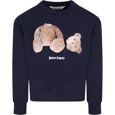 Shop Palm Angels Blue Sweatshirt For Kids With Bear And Logo In Navy Blue/brown