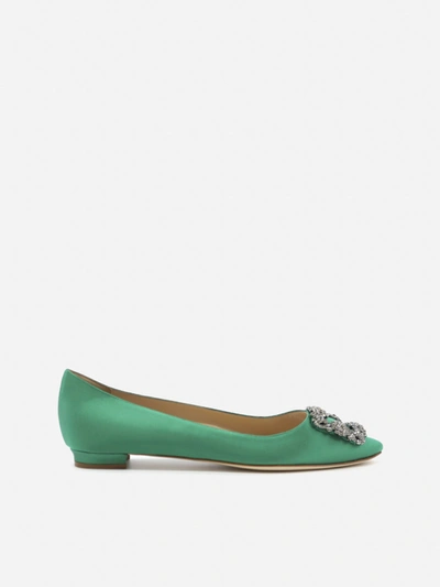 Shop Manolo Blahnik Hangisi Satin Ballet Flats With Jewel Buckle