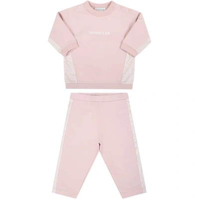 Shop Moncler Pink Suit For Baby Girl With White Logo In (rosa)