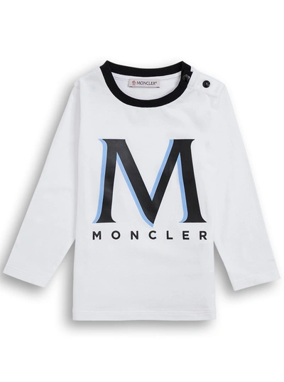 Shop Moncler Long-sleeved Cotton T-shirt With Logo Print In (bianco/nero)