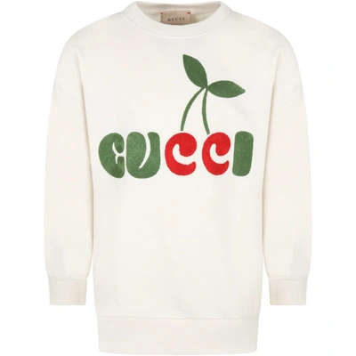 Shop Gucci Ivory Sweatshirt For Kids With Cherry Print In White Multicolor