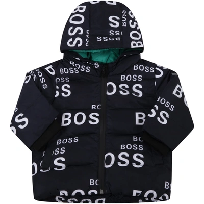 Shop Hugo Boss Blue Jacket For Baby Boy With White Logo In Black