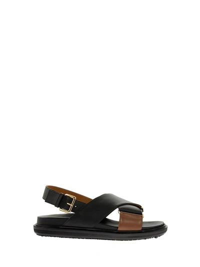 Shop Marni Criss-cross Fussbett Calfskin Sandal In Black/brown