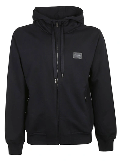 Shop Dolce & Gabbana Logo Patched Zip Hoodie In Blue Scuro