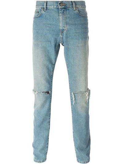 Saint Laurent Blue Original Low Waisted Knee Patch Skinny Jeans | ModeSens