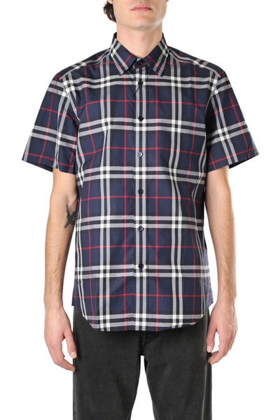 Shop Burberry Cotton Shirt With All-over Tartan Motif In Blue