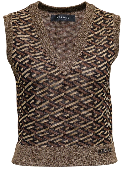 Shop Versace Viscose Blend Vest With Monogram Print In Metallic