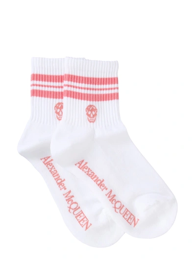 Shop Alexander Mcqueen Sock With Sporty Stripes And Skull In Bianco