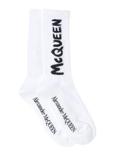 Shop Alexander Mcqueen Socks With Graffiti Logo In Bianco