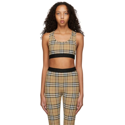 Shop Burberry Beige Vintage Check Dalby Sports Bra In Archive Beige