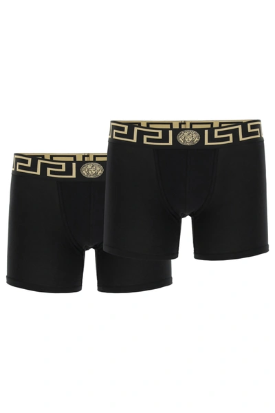 Shop Versace Bi-pack Underwear Greca Border Trunks In Nero