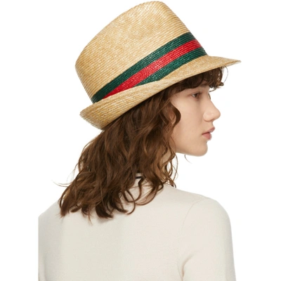 Shop Gucci Beige Straw Fedora In 9666 Rope/dark Green