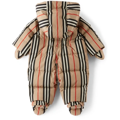 Shop Burberry Baby Down Icon Stripe N6-river Puffer Snowsuit In Archive Beige