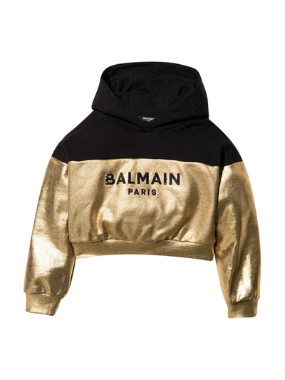 Shop Balmain Gold And Black Sweatshirt With Hood