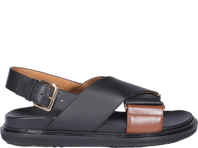 Marni Black & Brown Criss-cross Fussbett Sandals In Black