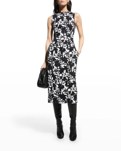 Shop Adam Lippes Floral-print Cotton Twill Midi Sheath Dress In Black Ikat